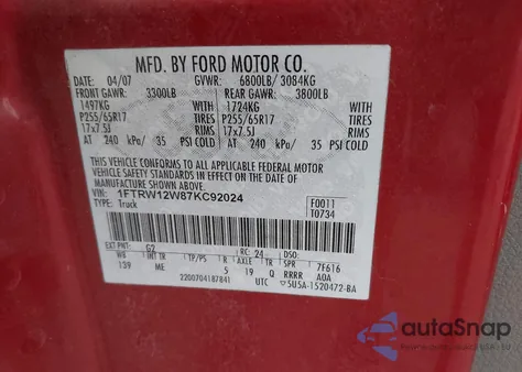 2007 Ford F-150 Xlt z USA, uszkodzony, nr VIN 1FTRW12W87KC92024